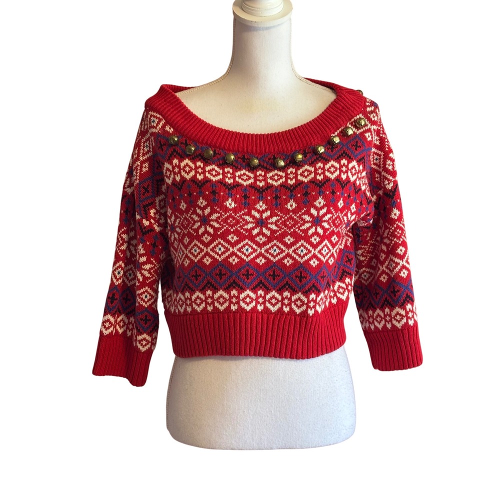 BDG Urban Outfitters Red Fair Isle Cropped Sweater Bells Holiday Small